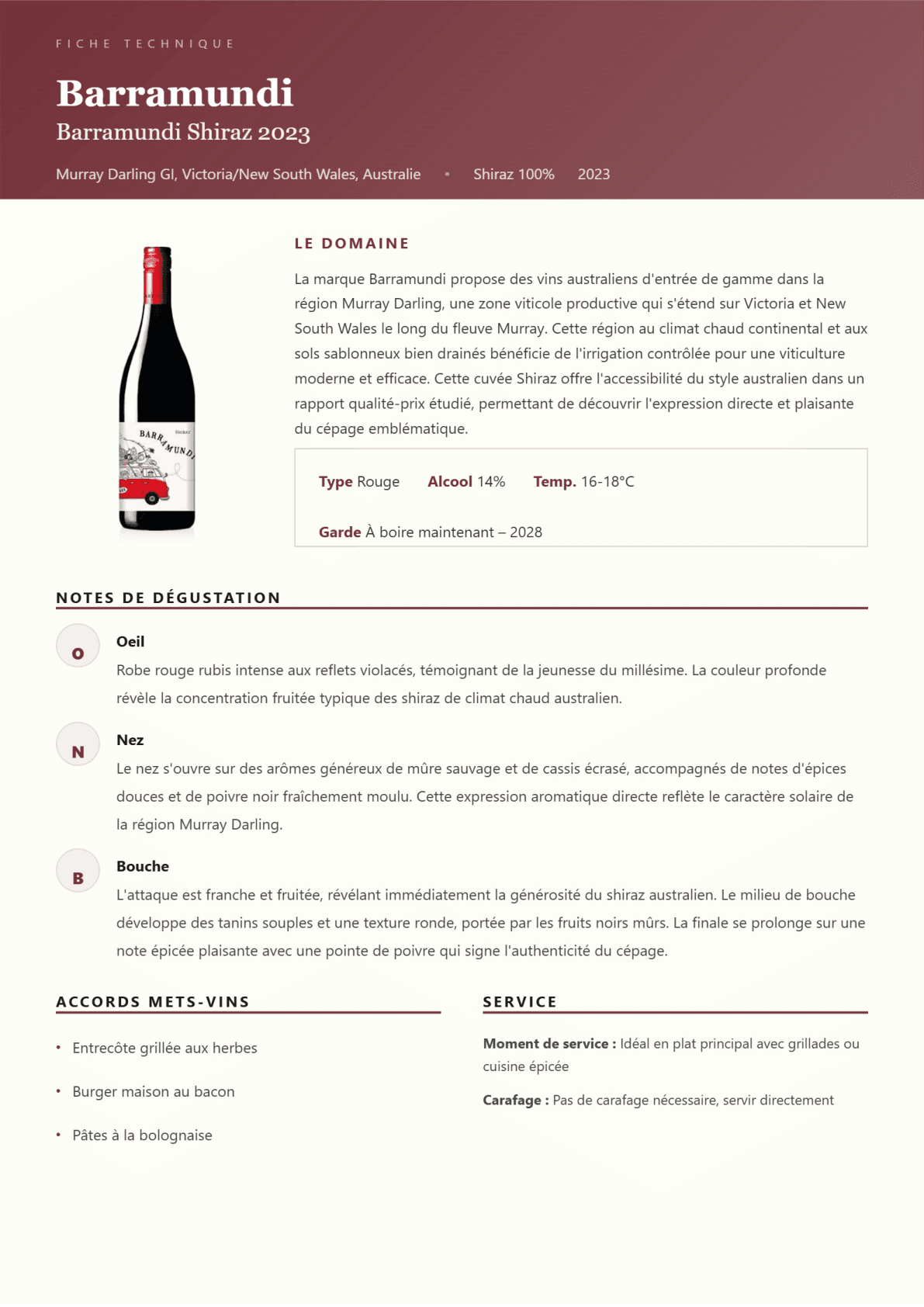 Exemple de fiche technique vin générée par FicheVin